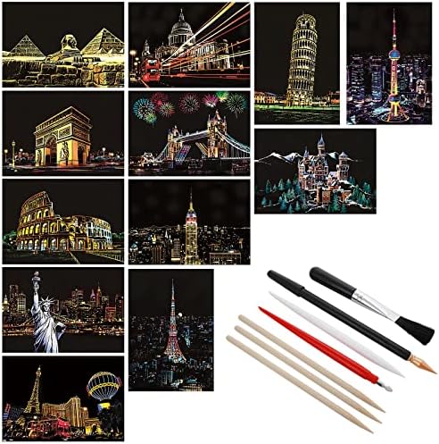 12 Sheets Scratch Painting Rainbow Paper, Sketch Pads DIY Art Craft City Series Night View Scratchboard Craft Art Kits with 6 Tools for Adults Kids Halloween Christmas(7.8 X 5.5 Inches(Style A))