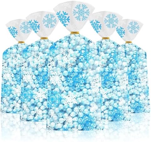 100 Pcs Winter Snowflake Treat Bags - Christmas Gift Bags, Blue White Plastic Snowflakes Cello Candy Goodie Cookie Snack Cellophane Bag with Twist Ties for Xmas Holiday Winter Wonderland Party Favors