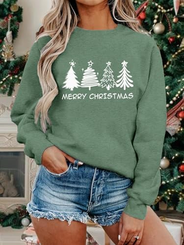 Womens Christmas Sweatshirt Christmas Tree Graphic Long Sleeve Shirts Xmas Holiday Pullover Tops Blouse