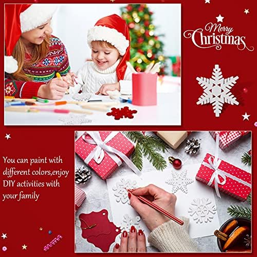 100 Pcs Christmas Unfinished Wooden Snowflake Ornaments Snowflake Hanging Cutouts Blank Wood Slices with Cord Craft Embellishments for Xmas Tree Decorations (White,2 Inches)