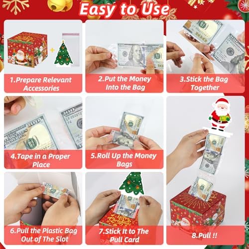 Christmas Money Box for Cash Gift Pull - Christmas Surprise Money Gift Box for Boys Girls - DIY Money Pull Box with 100Pcs Transparent Bags - BestGift for Kids Adults - Red