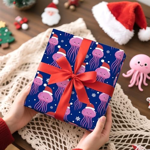 WRAPAHOLIC Ocean Christmas Wrapping Paper - Mini Roll - 17 Inch x 16.5 Feet - Jellyfish with Snowflake Wrapping Paper for Christmas Holiday, Party Celebration