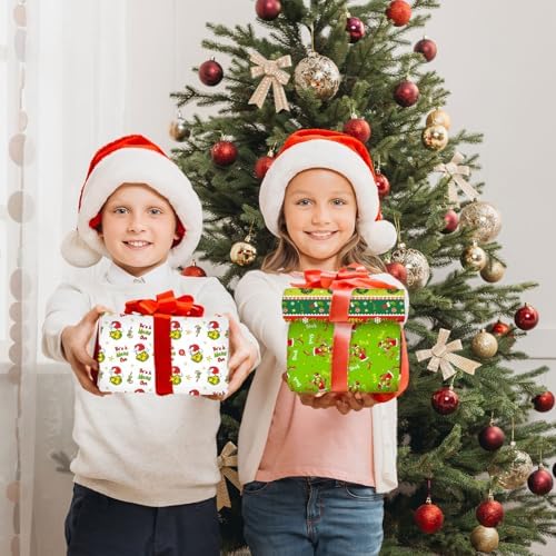 Funny Christmas Wrapping Paper Roll, 3 Rolls Holiday Gift Wrap Papers, Cartoon Green Red Xmas Wrapping Papers Party Supplies, Christmas Paper for DIY Birthday New Year Gift Packing Decor, 17x120 Inch