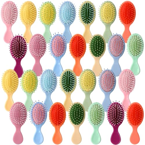 Zopeal 28 Pcs Kids Gift Wet Hair Mini Brush Bulk Girl Halloween Operation Christmas Small Pocket Travel Hairbrush Hygiene Detangler Soft Bristle Detangling Paddle for Party Favor Reward(14 Colors)