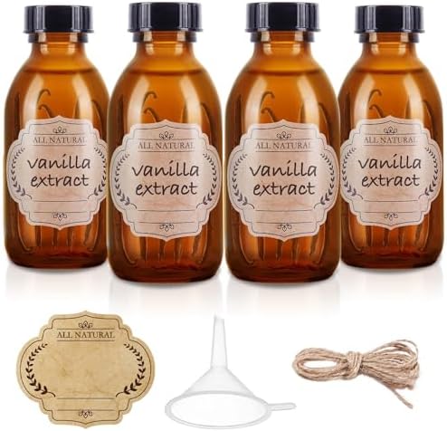 4 oz Boston Glass Bottle with Cap, Empty Glass Bottles for Homemade Vanilla Extract, Essential Oils, Juice, Potion, Syrup, Liquids, Christmas, Holiday Gift (Brown 4 Pack)