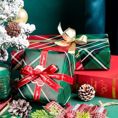 LeZakaa Christmas Wrapping Paper Jumbo Roll, Green & Red Plaid Classic Retro Reversible Design for Thanksgiving, New Year, Valentines, Wedding, Anniversary, Family Gathering, 24 inches x 100 Feet