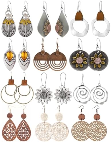 12 Pairs Boho Vintage Geometric Round Earrings Wooden Leather Ethnic Style Vintage Sunflower Earrings Christmas for Women