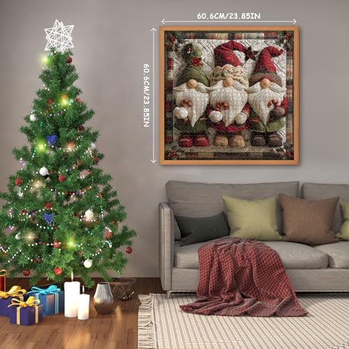 Christmas Gnome Puzzles for Adults 1000 Pieces, Unique Retro Xmas Patchwork Art Challenge Jigsaw Puzzle, Winter Holiday Vintage Christmas Themed, Three Cute Gnomes Quilting Puzzles for Adults