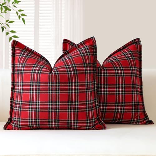 OTOSTAR Pack of 2 Christmas Scottish Plaid Throw Pillow Covers Decorative Linen Check Tartan Square Pillow Covers with Stitched Edge for Sofa Couch Bed Farmhouse Home Decor 20x20 Inches, Red