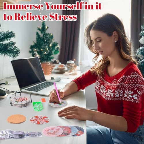 Diamond Art Christmas Coasters 12 Pcs Christmas Diamond Painting Kits,5D DIY Art Painting Coasters Supplies for Beginners Kids,Christmas Crafts for Adults Anti-Slip Diamond dotz with Holder