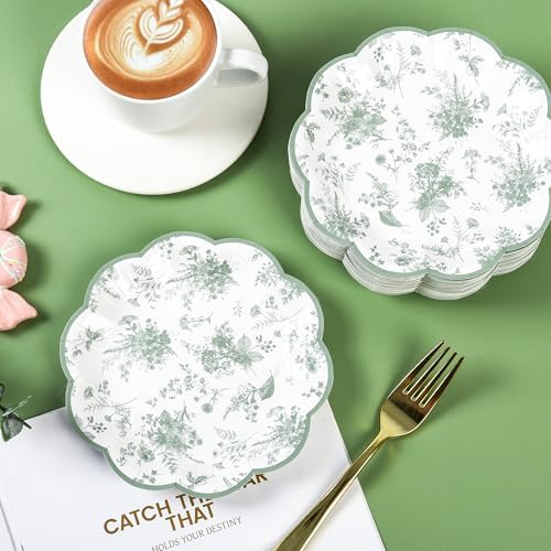 Sage Green Floral Leaf Disposable Paper Plates - Wildflower Green Toile 7" Scalloped Rim Dessert Plates for Christmas, Birthday, Bridal & Tea Parties (48)