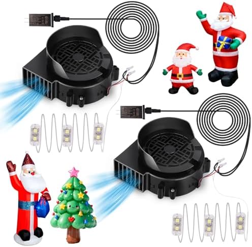 2-Pack Inflatable Fan Replacement, 1.0A Air Fan Blower with 1.25A Adapter and 3 LEDs Bulbs Light Strings for Halloween, Thanksgiving and Christmas Inflatables (IP68 Waterproof, 5.0 * 5.0'')