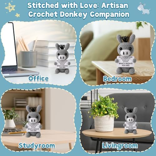 Funny Positive Badass Donkey Crochet Plush, Christmas Stocking Stuffer Motivational Gift for Coworkers, Best Friends – Emotional Uplifting Support Small Cute Crochet Stuffed Animals for Women Men