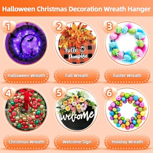 Wreath Hangers for Front Door, 6 Pack Large Wreath Door Hanger for Easter Christmas Halloween-Decorations, Heavy Duty Over-The-Door-Hooks, Adhesive-Wall-Hooks for Garland Home-Decor Inside Outside