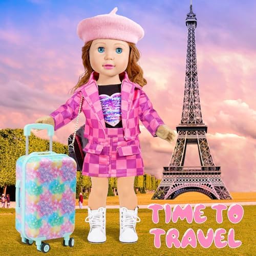 ARTST 18 inch Doll Clothes Accessories Girl Suitcase Luggage Travel Set-Doll Clothing Hat Handbag Sunglasses Camera Computer Passport Cell Phone for Christmas Birthday(NO Doll)