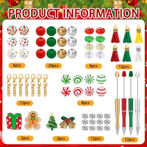 12 Set Christmas Beadable Pens Plastic Bead Pens Winter Gingerbread Man Bulk Ballpoint DIY Crafting Pens Making Kit with Pendants Lobster Clasps for Students Teens School Office Supplies