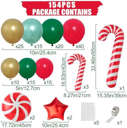 Christmas Balloon Arch Kit, 150Pcs Red Green Gold Balloon Garland with Candy Cane Balloons Red Star Balloons for Christmas Party Decorations, Xmas Decorations for Indoors