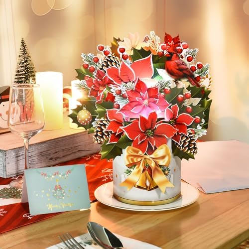 Pop Up Christmas Cards with Lights and Music, 12 inch Paper 3D Poinsettia Bouquet Design, Musical Xmas Flower Popup Greeting Card with Note Card & Envelope for Christmas Holiday Decoration