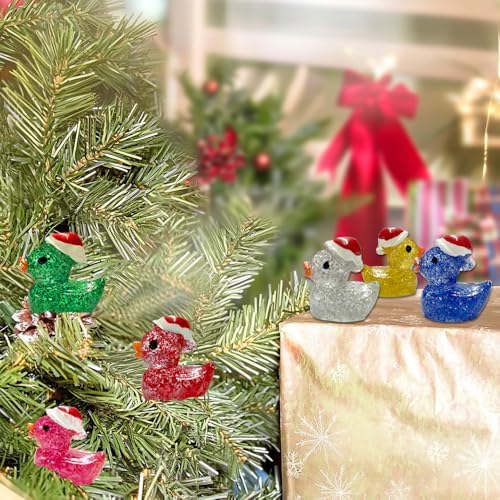 100PCS Christmas Glitter Mini Resin Ducks, Luminous Miniature Figures Tiny Ducks Micro Landscape Garden Aquarium Dollhouse for Xmas Birthday Ornaments