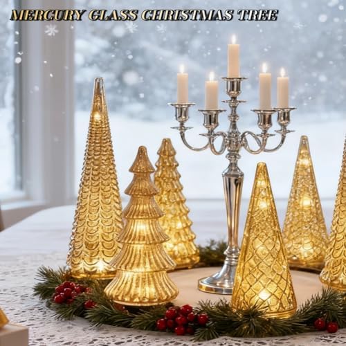 Set of 5 Illuminated Mercury Glass Trees - Upgrade Mercury Glass Christmas Trees with LED Lighted Tabletop Decor, Crackled Mercury GlassTrees for Xmas Home Party Centerpiece Tabletop Mantel (Gold)
