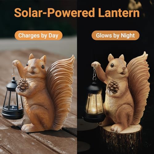 Solar Squirrel Garden Statue Outdoor Decor, Squirrel Sculpture with Lantern for Yard Lawn Patio Balcony, Christmas Birthday Housewarming Gifts for Mom, Grandma, Women, Brown,Resin