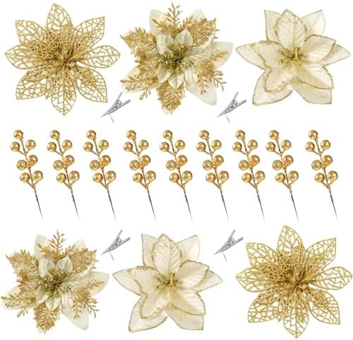 Sggvecsy 30 Pcs 3 Styles Christmas Glitter Poinsettia Flowers Artificial Berry Picks Christmas Tree Ornaments Artificial Christmas Flowers with Clips for Xmas Wedding Wreath Floral Decorations(Gold)