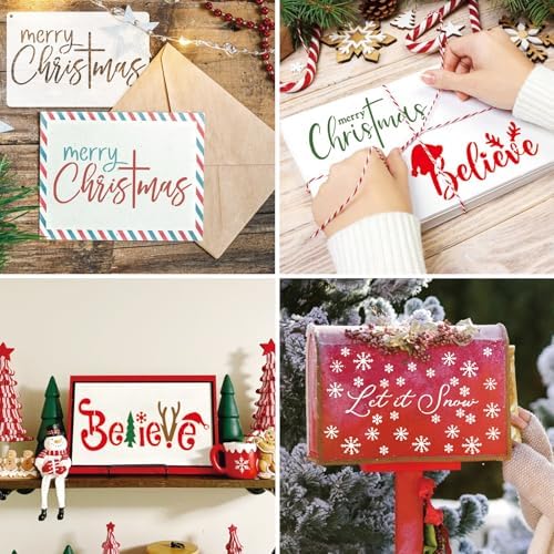 12 Pcs Christmas Stencils Reusable Let it Snow Believe Stencil Template Merry Christmas Stencils for Painting on Wood DIY Crafts Window Doormat Door Hanger Sign (12 Christmas)