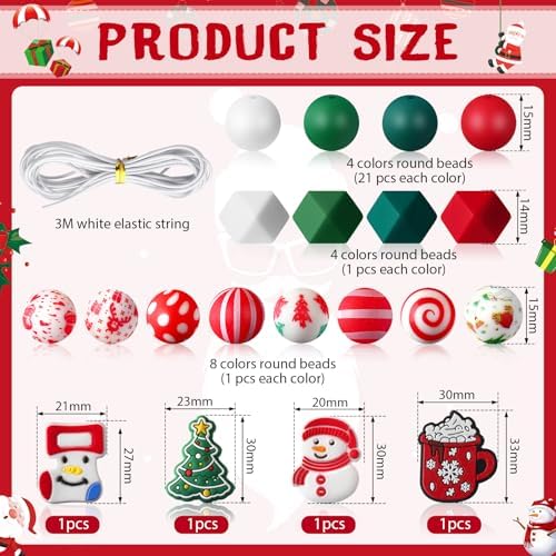 100PCS Christmas Silicone Focal Beads - Bulk 15mm Silicone Beads for DIY Crafts Keychain & Bracelet Making Kit