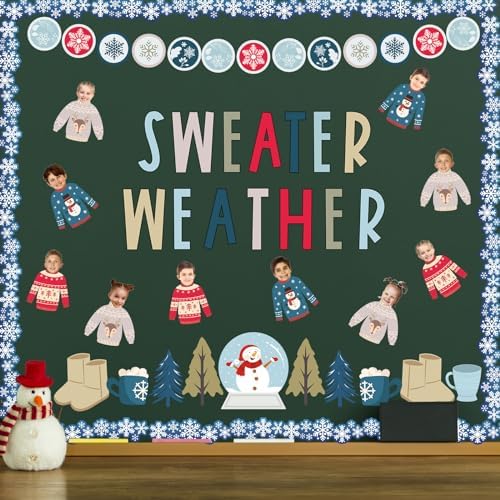 Whaline 85Pcs Winter Bulletin Board Decoration Kit Xmas Tree Snowmen Snowflake Cutouts with Glue Point Christmas Holiday Classroom Bulletin Border Stickers for Home School Office Wall Door Decor