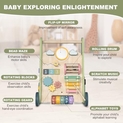 Wooden Baby Walker Wheels,Baby Push Walker for Babies 6-12 Months Montessori,Toddler Walker Push Toy Wooden Activity Walker for Baby Boy,Walking Toys for 1 Year Old Learning to Walk Girl Christmas