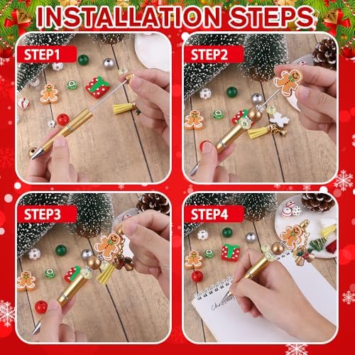 12 Set Christmas Beadable Pens Plastic Bead Pens Winter Gingerbread Man Bulk Ballpoint DIY Crafting Pens Making Kit with Pendants Lobster Clasps for Students Teens School Office Supplies