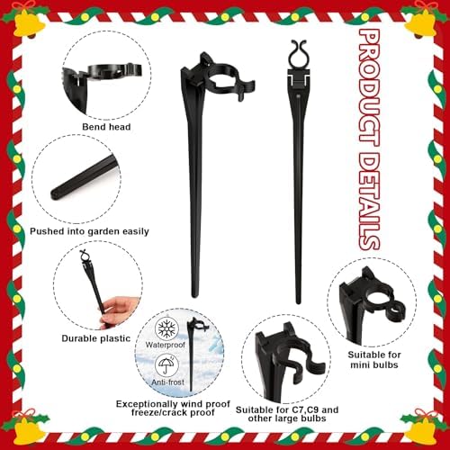 Augshy 24 Pack Christmas Light Stakes, 7.5 inch Yard Lawn Holiday Light Ground Stakes for C7 C9 Outside String Lights Universal Outdoor Light Holders for Christmas Decoration Garden Lawn Path Black