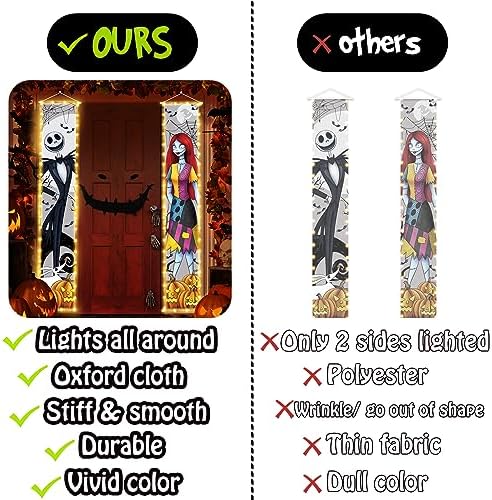 Jack Sally Lighted Banners Porch Signs Halloween Decor Christmas Nightmare Hanging Banner Halloween Decorations Outdoor Horror Poster for Indoor Before Party Wall Art Wallpaper Lights