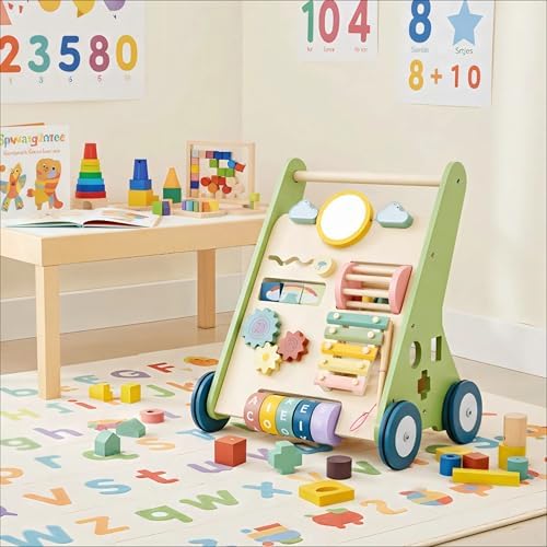 Wooden Baby Walker Wheels,Baby Push Walker for Babies 6-12 Months Montessori,Toddler Walker Push Toy Wooden Activity Walker for Baby Boy,Walking Toys for 1 Year Old Learning to Walk Girl Christmas
