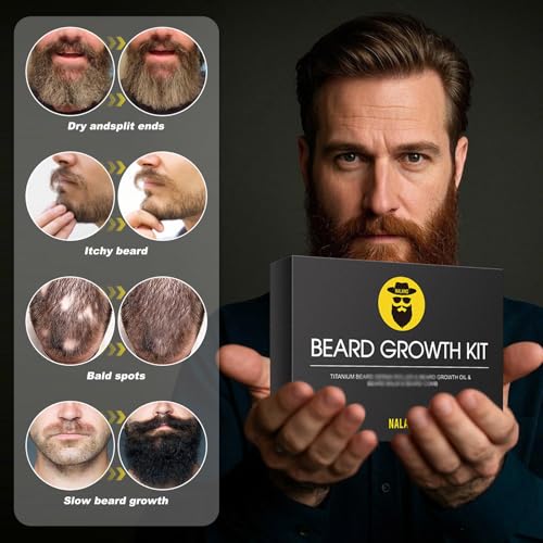 Beard Growth Kit - Beard Kit for Men with Beard Growth Oil (2oz), Beard Balm, Beard Comb, Massager for Spot/Patchy Beard - Christmas, Anniversary, Birthday for Men, Dad, Husband, Boyfriend