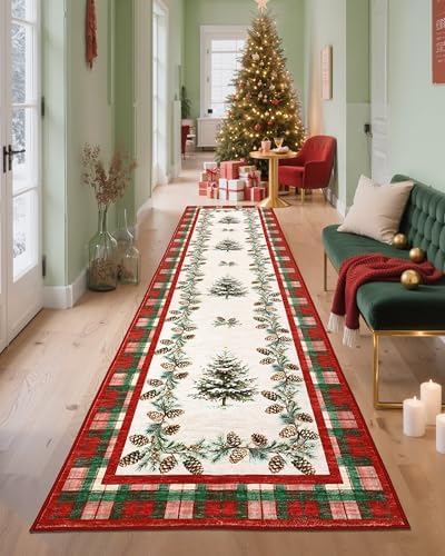 GarveeHome Checkered Christmas Kitchen Runner Rug Red 2x8 Runners for Hallways Non Slip, Washable Christmas Tree Print Floor Runner Rugs Stain Resistant Low-Pile Long Carpet for Entryway Bedroom