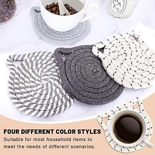 Whaline Christmas Cat Ears Coaster Set Cat Ear Shape Handmade Braided Cotton Coasters White Grey Non-Slip Absorbent Drink Coaster with Holder for Winter Birthday Housewarming Gifts Home Decor, 4Pcs