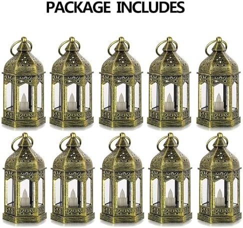 Mini Lantern with Flickering LED Candles Set of 10, Hewory Gold Vintage Decorative Hanging Candle Lanterns for Halloween, Christmas, Wedding Decorations, Party, Table Centerpiece, Battery Included