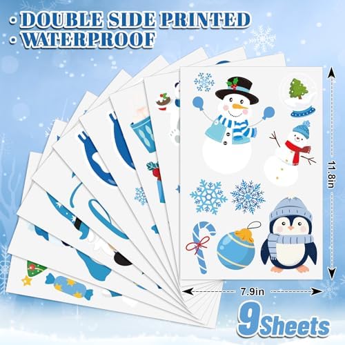 Whaline 9 Sheets Hello Winter Window Cling Stickers Blue Cartoon Penguin Snowman Bear Reusable Window Decals for Christmas Xmas Party Home Office Classroom Decoration