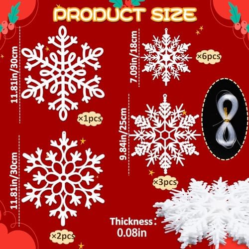 12pcs Large Christmas Hanging Snowflakes Decorations Outdoor - White Big Hanging Snowflake in Different Sizes for Winter Decoration Indoor Outdoor Christmas Tree Holiday Decor