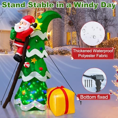 7ft Christmas Inflatables Outdoor Decorations, Christmas Blow up Santa Claus with Tree Built-in Rotating Colorful LED Lights, Xmas Holiday Party Indoor Outdoor Décor for Yard Lawn Garden