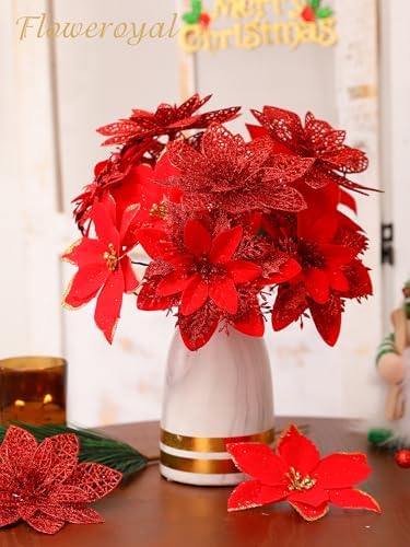 Floweroyal 30pcs Poinsettia Artificial Christmas Flowers Decorations with Clips and Berry Stems Glitter Ornaments for Christmas Tree Wreath Fireplace Stairs Decor (Red-3 Styles)