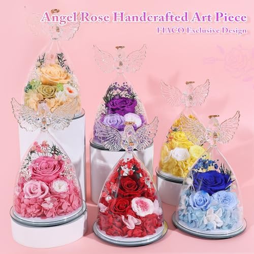 FIACO Gifts for Women Mom Preserved Rose Forever Flower in Glass Angel Figurine Fresh Flowers for Delivery Birthday Gifts for Grandma Wife Sister Christmas Anniversary Eternal Purple Roses