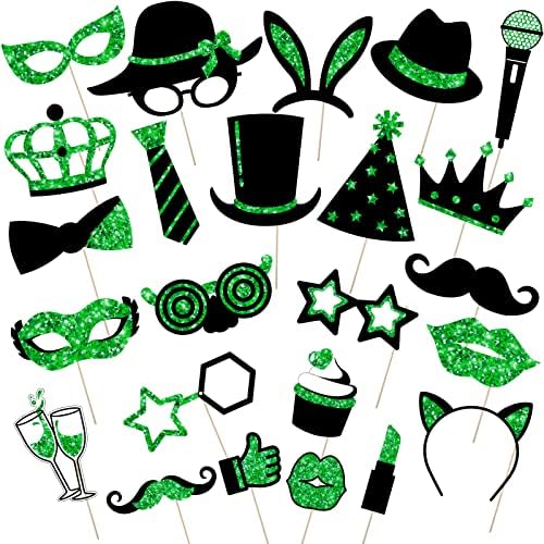 Zonon 24 Pieces Funny Photo Booth Props:Halloween,Christmas,Family Reunion, Class Reunion, Birthday, Weddings, Prom Disco Mardi Gras Party Supplies - Mix of Hats, Lipstick, Tie(Green and Black)
