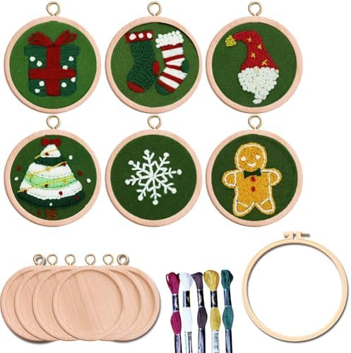 Highkick Christmas Embroidery Kits for Beginners, 6 Mini Craft Gift Kit, Santa, Snowflake, Christmas Tree