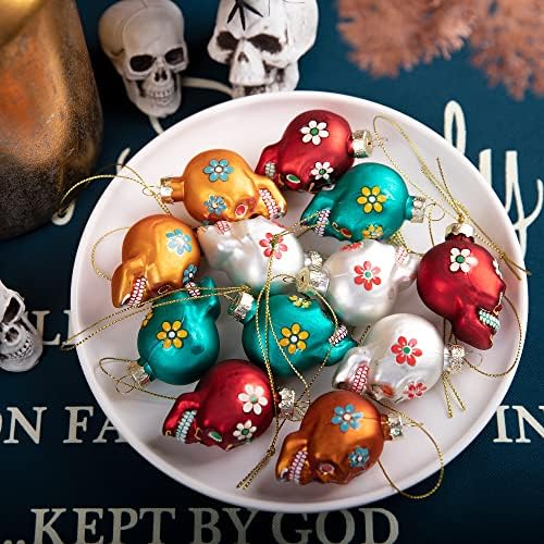 12pcs Day of The Dead Glass Ornaments - Dia De Los Muertos Sugar Skull Ornaments - Halloween Hanging Skeleton Head Ornament for Christmas Tree Hanging Decorations