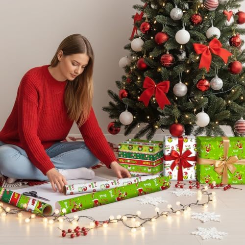 Funny Christmas Wrapping Paper Roll, 3 Rolls Holiday Gift Wrap Papers, Cartoon Green Red Xmas Wrapping Papers Party Supplies, Christmas Paper for DIY Birthday New Year Gift Packing Decor, 17x120 Inch