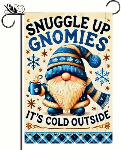 Winter Garden Flag - Double Sided 12x18, Christmas Gnomies, Snuggle Up Gnomies, Cozy Gnome Design, Outdoor Winter And Holiday Decor