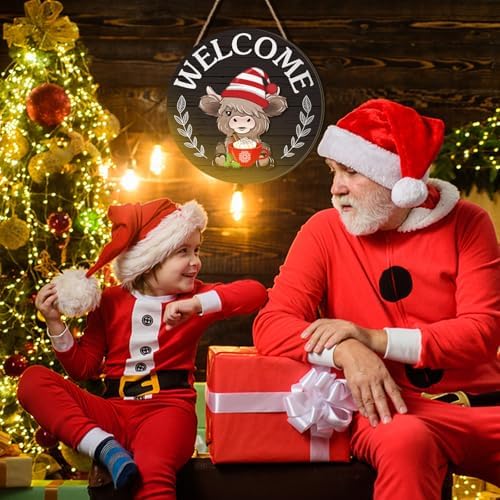 35 Pcs Christmas Interchangeable Highland Cow Welcome Sign Highland Cow Seasonal Wooden Hanging Door Decor Thanksgiving Farmhouse Hanging Sign for Front Door Xmas Party Decoration Gift