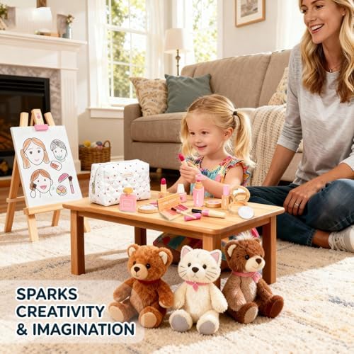 Wooden Pretend Makeup Kit for Toddlers: Non Toxic Mess Free Play Makeup Toy Set for 2 3 4 Year Old Girls - Perfect Toddler Montessori Toys Christmas Birthday Gift Ideas
